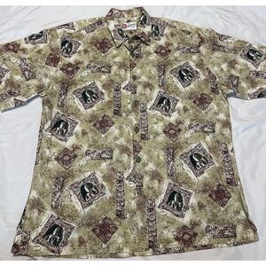Hilo Hattie Mens Hawaiian‎ Aloha Shirt L Brown  100% Cotton Aztec Hawaii Made
